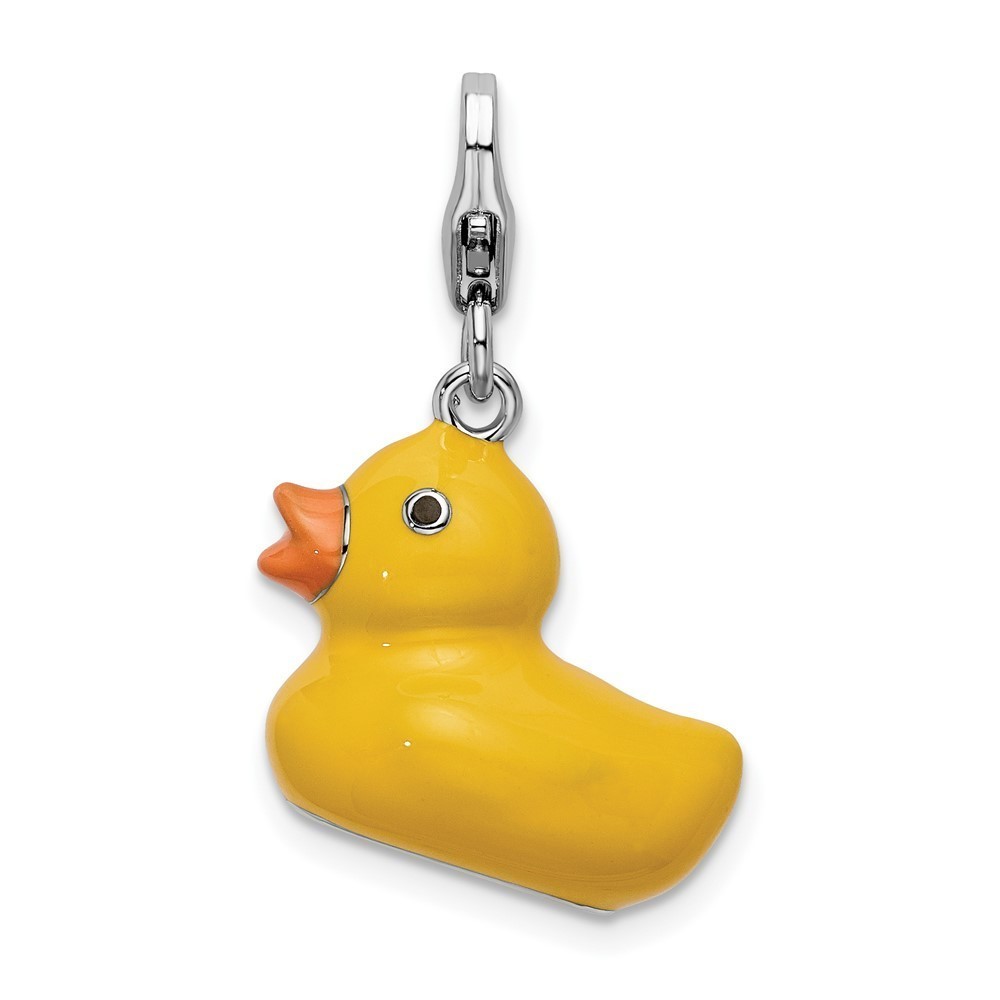 925 Sterling Silver Polished 3-D Enameled Duck Bracelet Charm Lobster Clasp